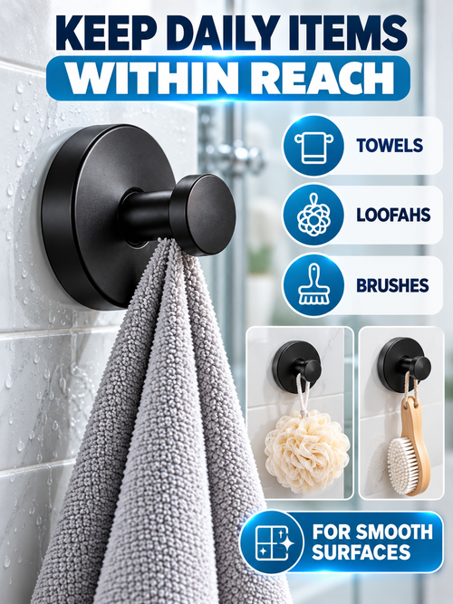 🛁 Home Upgrade Deal – Black Suction Towel Hooks 🖤Reusable No-Drill Wall Holders for Bathroom & Kitchen Organization ✨