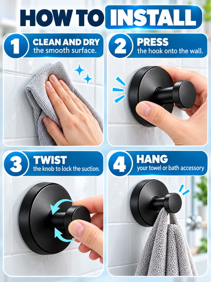 🛁 Home Upgrade Deal – Black Suction Towel Hooks 🖤Reusable No-Drill Wall Holders for Bathroom & Kitchen Organization ✨