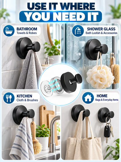 🛁 Home Upgrade Deal – Black Suction Towel Hooks 🖤Reusable No-Drill Wall Holders for Bathroom & Kitchen Organization ✨