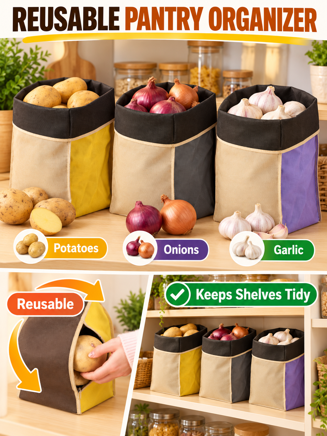 🥔 Kitchen Storage Deal – Reusable Fresh-Keep Produce Bags 🧅 Breathable Light-Blocking Zipper Pouches for Potatoes, Onions & Pantry Organization ✨