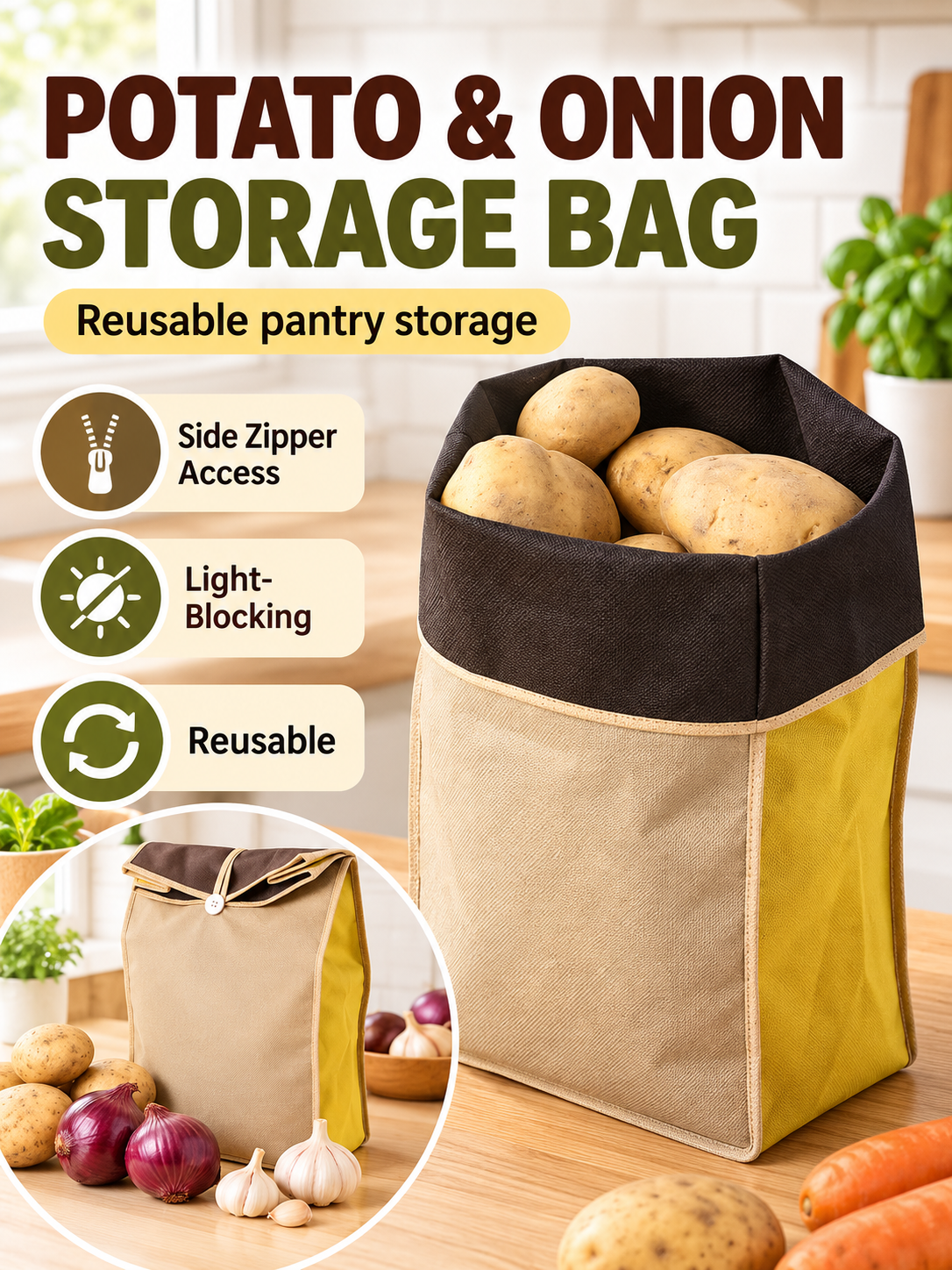 🥔 Kitchen Storage Deal – Reusable Fresh-Keep Produce Bags 🧅 Breathable Light-Blocking Zipper Pouches for Potatoes, Onions & Pantry Organization ✨