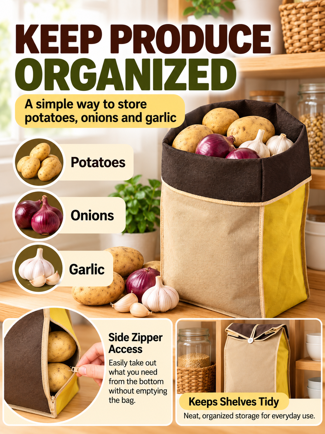 🥔 Kitchen Storage Deal – Reusable Fresh-Keep Produce Bags 🧅 Breathable Light-Blocking Zipper Pouches for Potatoes, Onions & Pantry Organization ✨