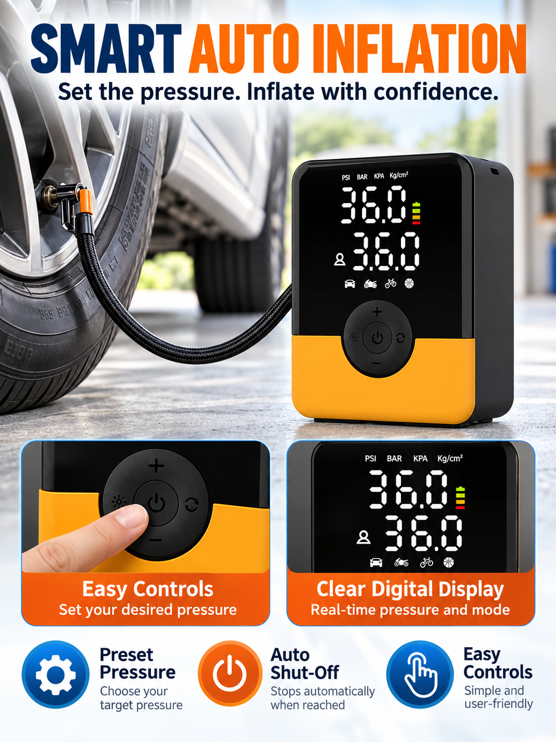 🚗 Auto Tool Deal – Compact Cordless Tire Inflator 🔋 Rechargeable Air Compressor with Digital Display, LED Light & Multi-Nozzle Kit ✨