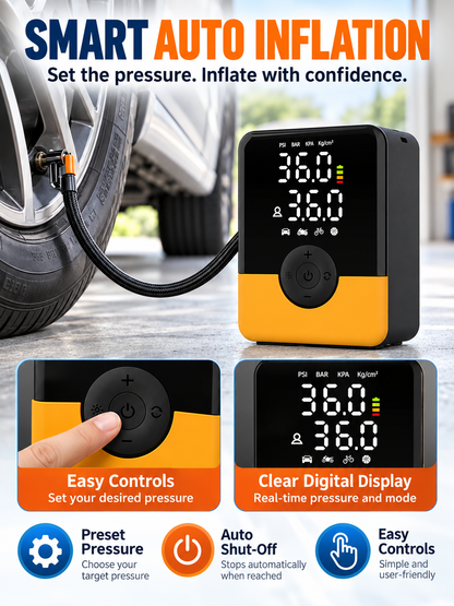 🚗 Auto Tool Deal – Compact Cordless Tire Inflator 🔋 Rechargeable Air Compressor with Digital Display, LED Light & Multi-Nozzle Kit ✨