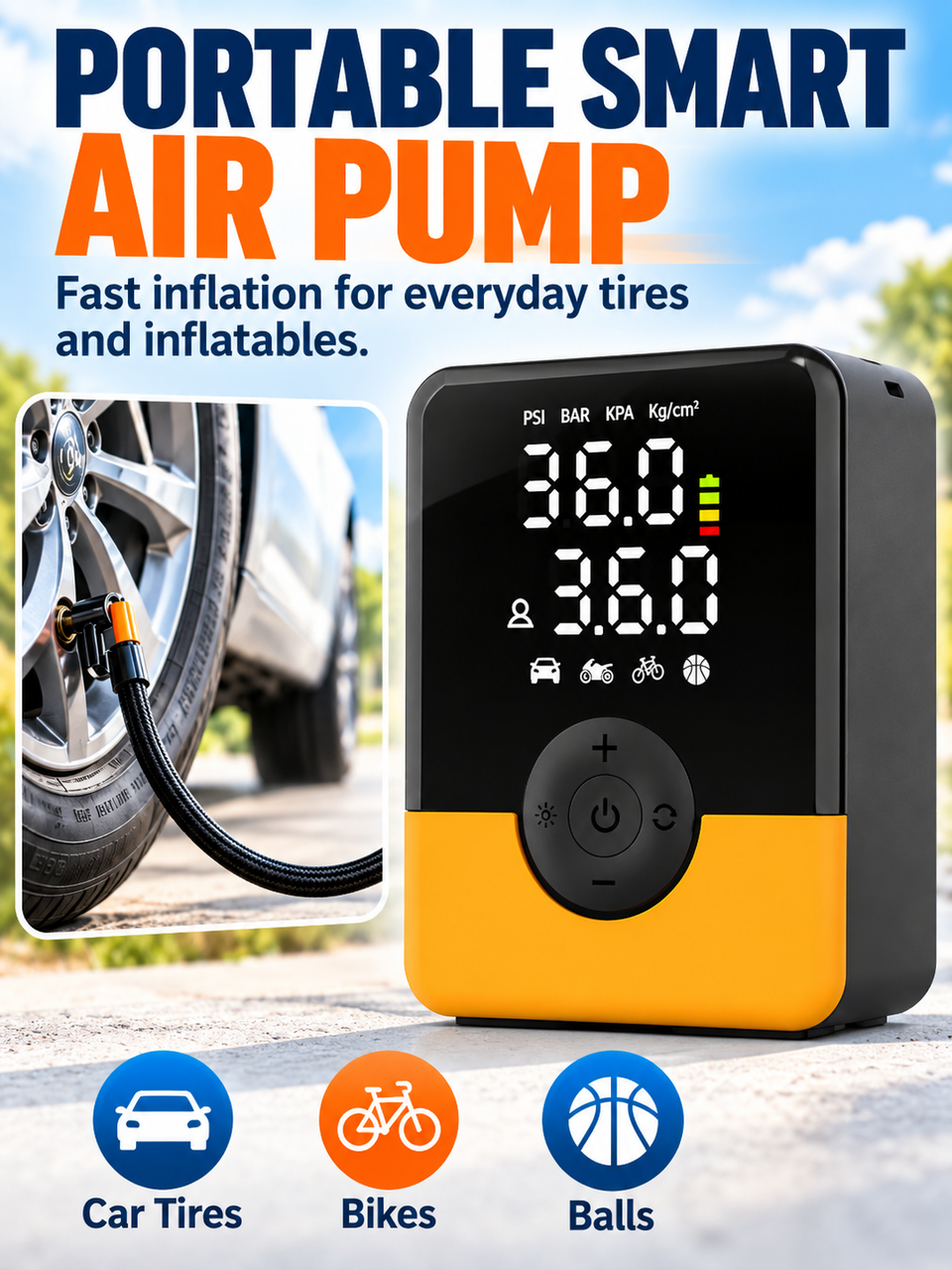 🚗 Auto Tool Deal – Compact Cordless Tire Inflator 🔋 Rechargeable Air Compressor with Digital Display, LED Light & Multi-Nozzle Kit ✨