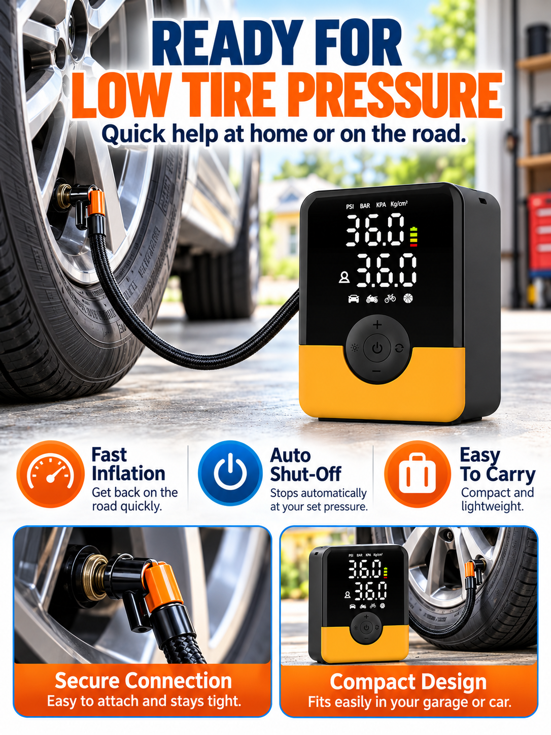 🚗 Auto Tool Deal – Compact Cordless Tire Inflator 🔋 Rechargeable Air Compressor with Digital Display, LED Light & Multi-Nozzle Kit ✨