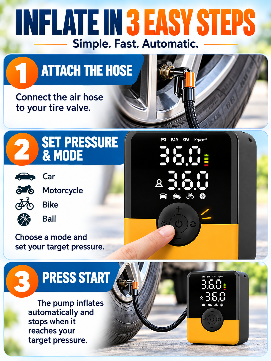 🚗 Auto Tool Deal – Compact Cordless Tire Inflator 🔋 Rechargeable Air Compressor with Digital Display, LED Light & Multi-Nozzle Kit ✨