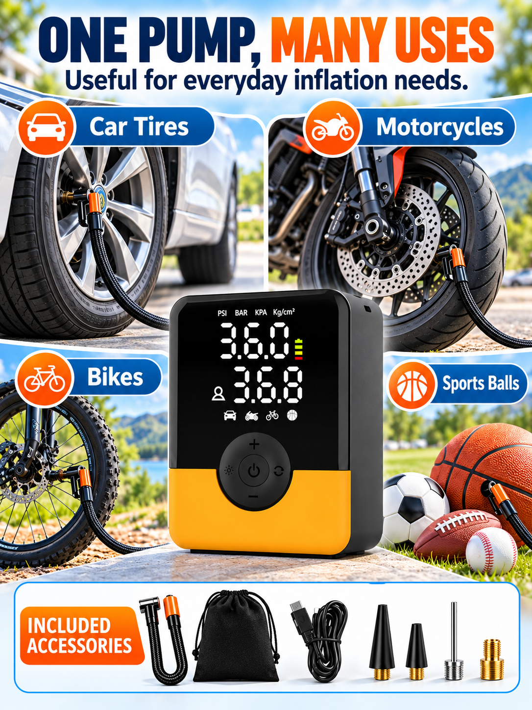 🚗 Auto Tool Deal – Compact Cordless Tire Inflator 🔋 Rechargeable Air Compressor with Digital Display, LED Light & Multi-Nozzle Kit ✨