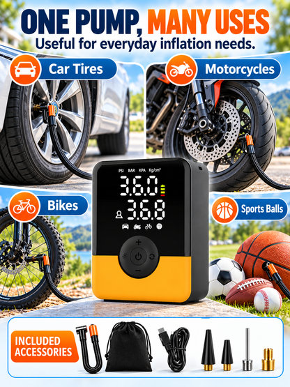 🚗 Auto Tool Deal – Compact Cordless Tire Inflator 🔋 Rechargeable Air Compressor with Digital Display, LED Light & Multi-Nozzle Kit ✨
