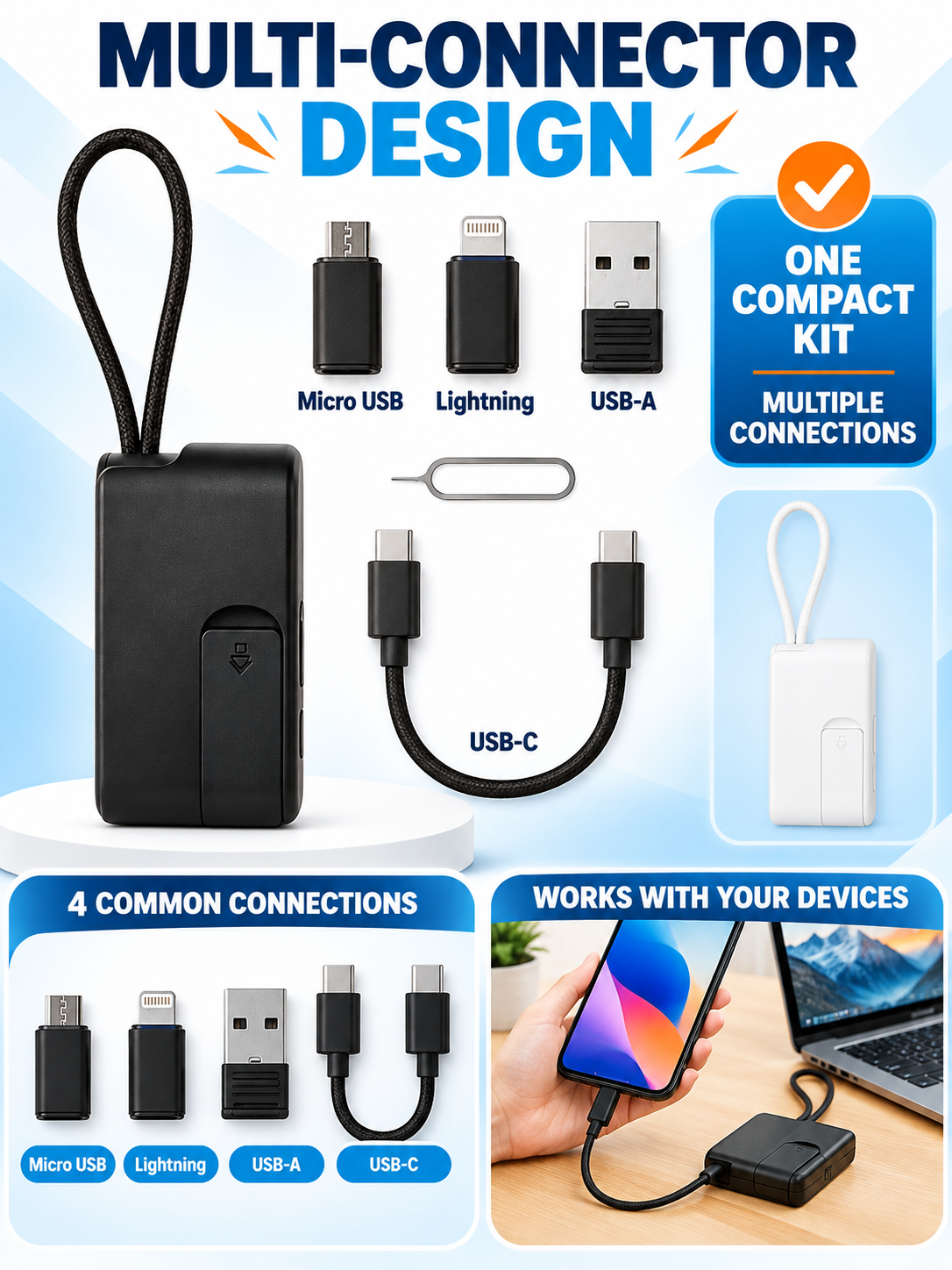 ⚡ Tech Travel Deal – Pocket Multi-Connector USB Hub 🔌 USB-C, Lightning & Micro-USB Adapters with Fast Charging, Card Storage & Phone Stand ✨