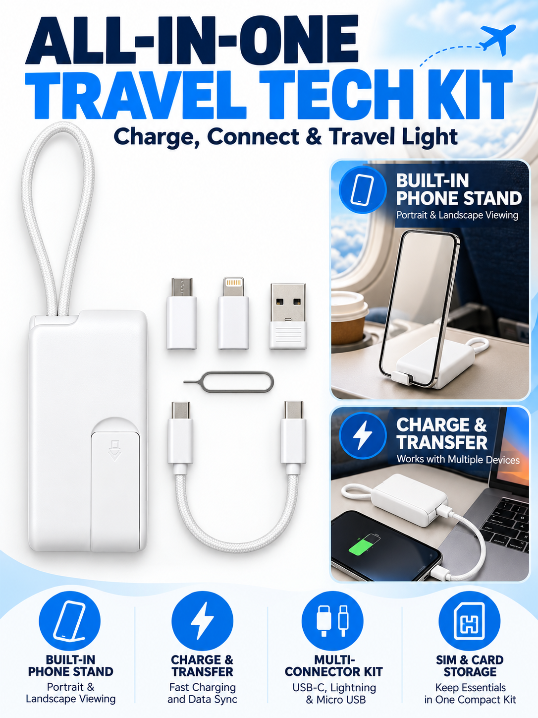 ⚡ Tech Travel Deal – Pocket Multi-Connector USB Hub 🔌 USB-C, Lightning & Micro-USB Adapters with Fast Charging, Card Storage & Phone Stand ✨