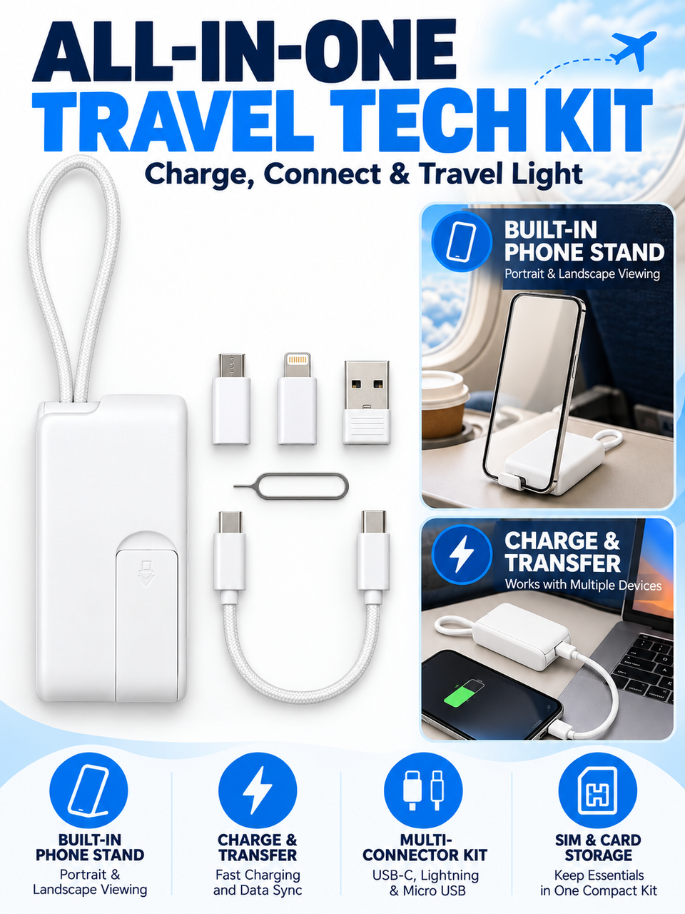 ⚡ Tech Travel Deal – Pocket Multi-Connector USB Hub 🔌 USB-C, Lightning & Micro-USB Adapters with Fast Charging, Card Storage & Phone Stand ✨