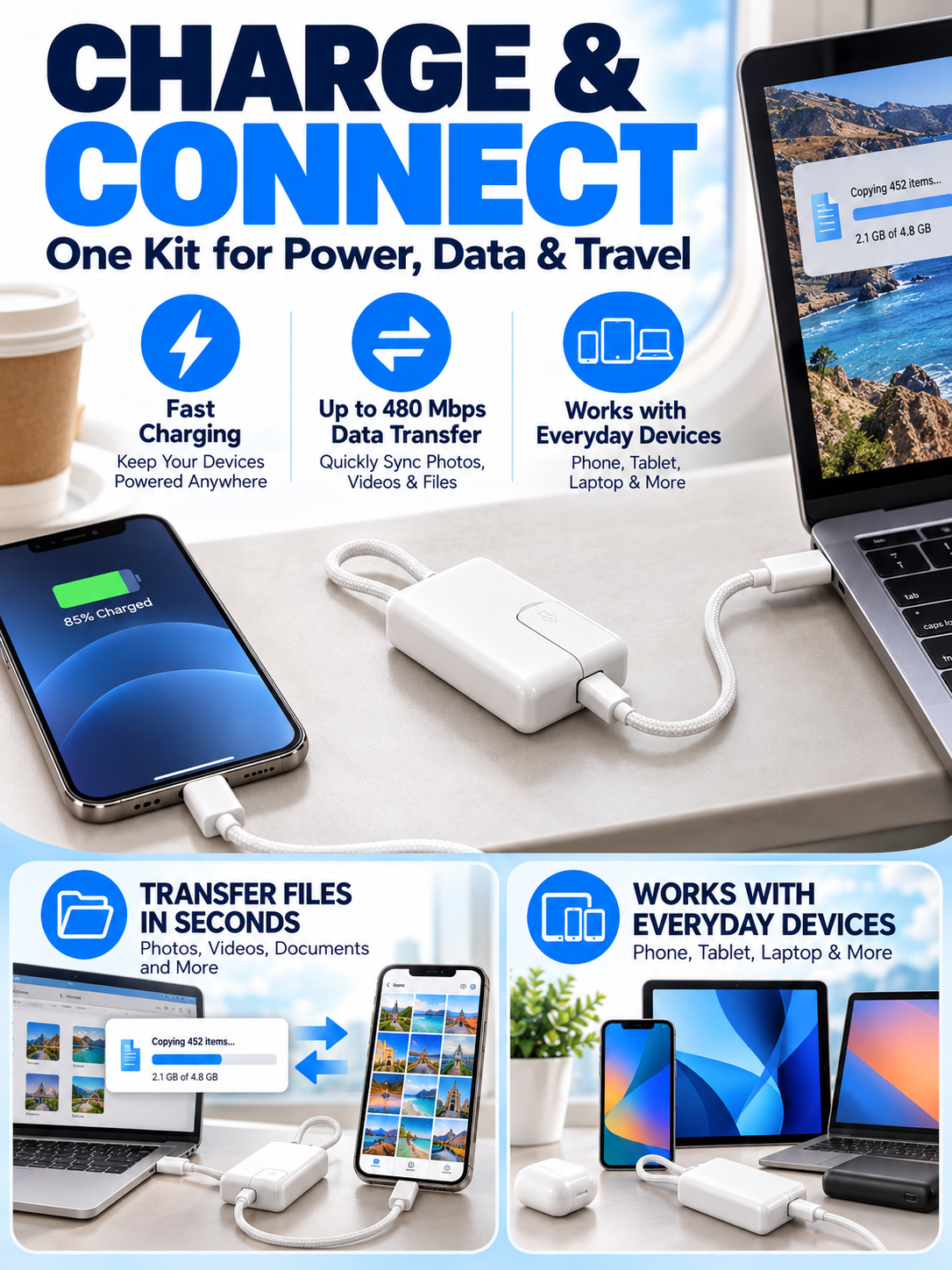 ⚡ Tech Travel Deal – Pocket Multi-Connector USB Hub 🔌 USB-C, Lightning & Micro-USB Adapters with Fast Charging, Card Storage & Phone Stand ✨