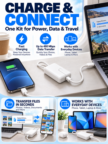 ⚡ Tech Travel Deal – Pocket Multi-Connector USB Hub 🔌 USB-C, Lightning & Micro-USB Adapters with Fast Charging, Card Storage & Phone Stand ✨