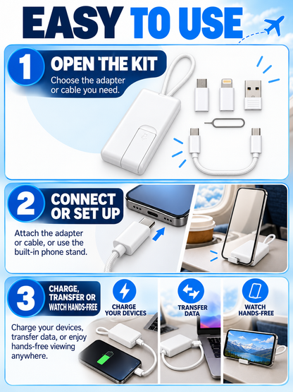 ⚡ Tech Travel Deal – Pocket Multi-Connector USB Hub 🔌 USB-C, Lightning & Micro-USB Adapters with Fast Charging, Card Storage & Phone Stand ✨