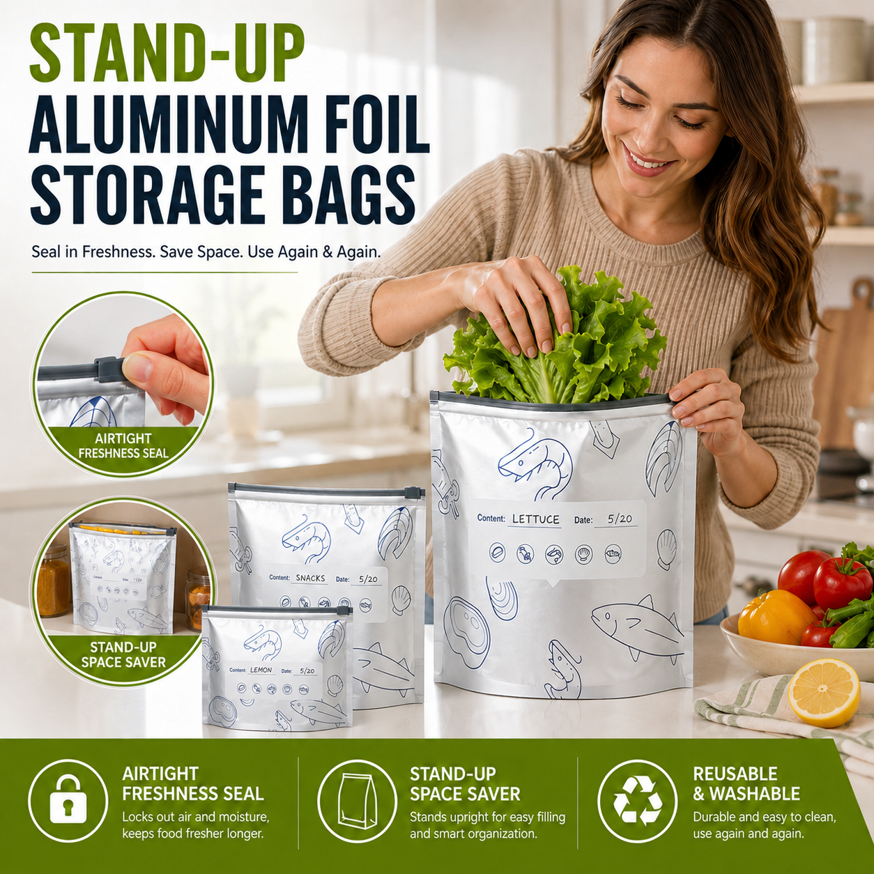 🥬 Stand-Up Aluminum Foil Storage Bags