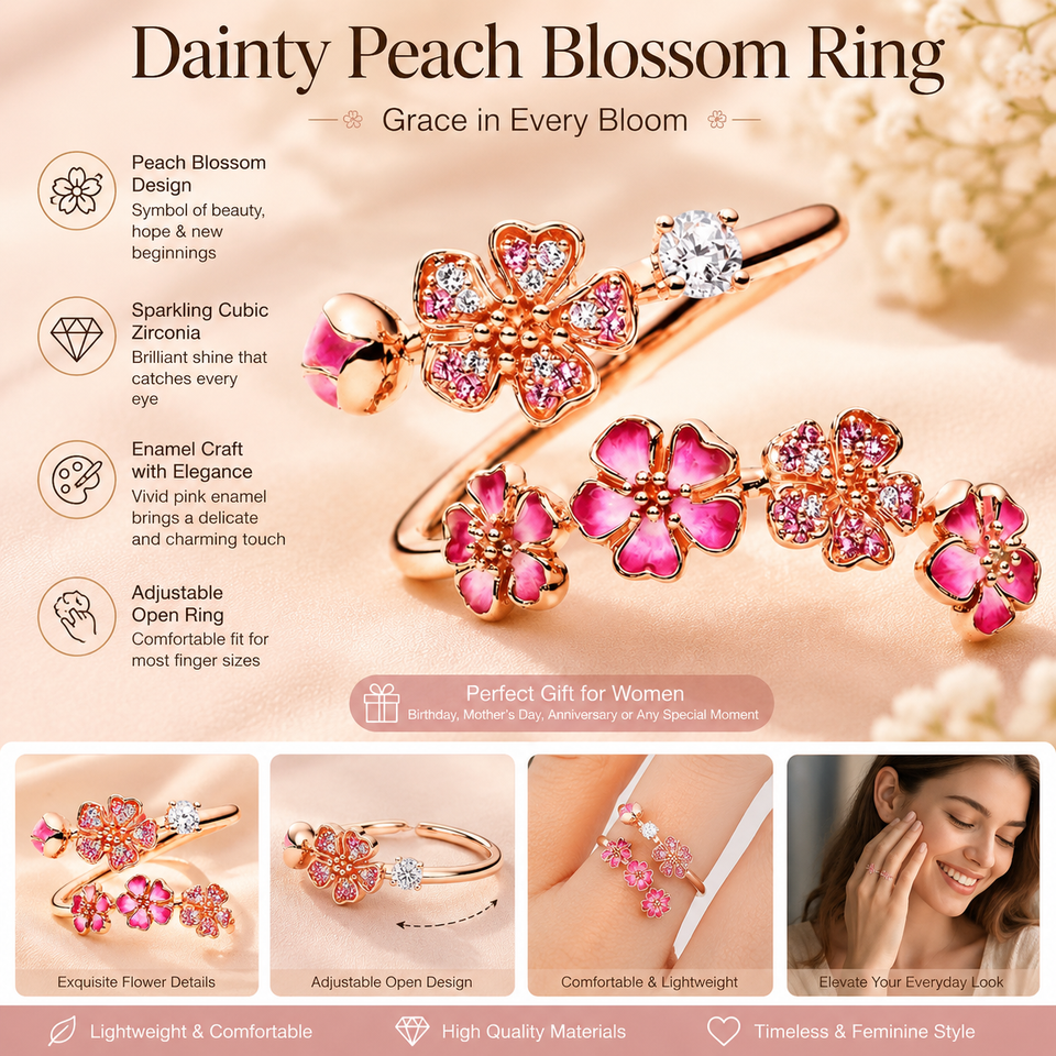 Adjustable Peach Blossom Ring for Women, Pink Floral Open Band Ring