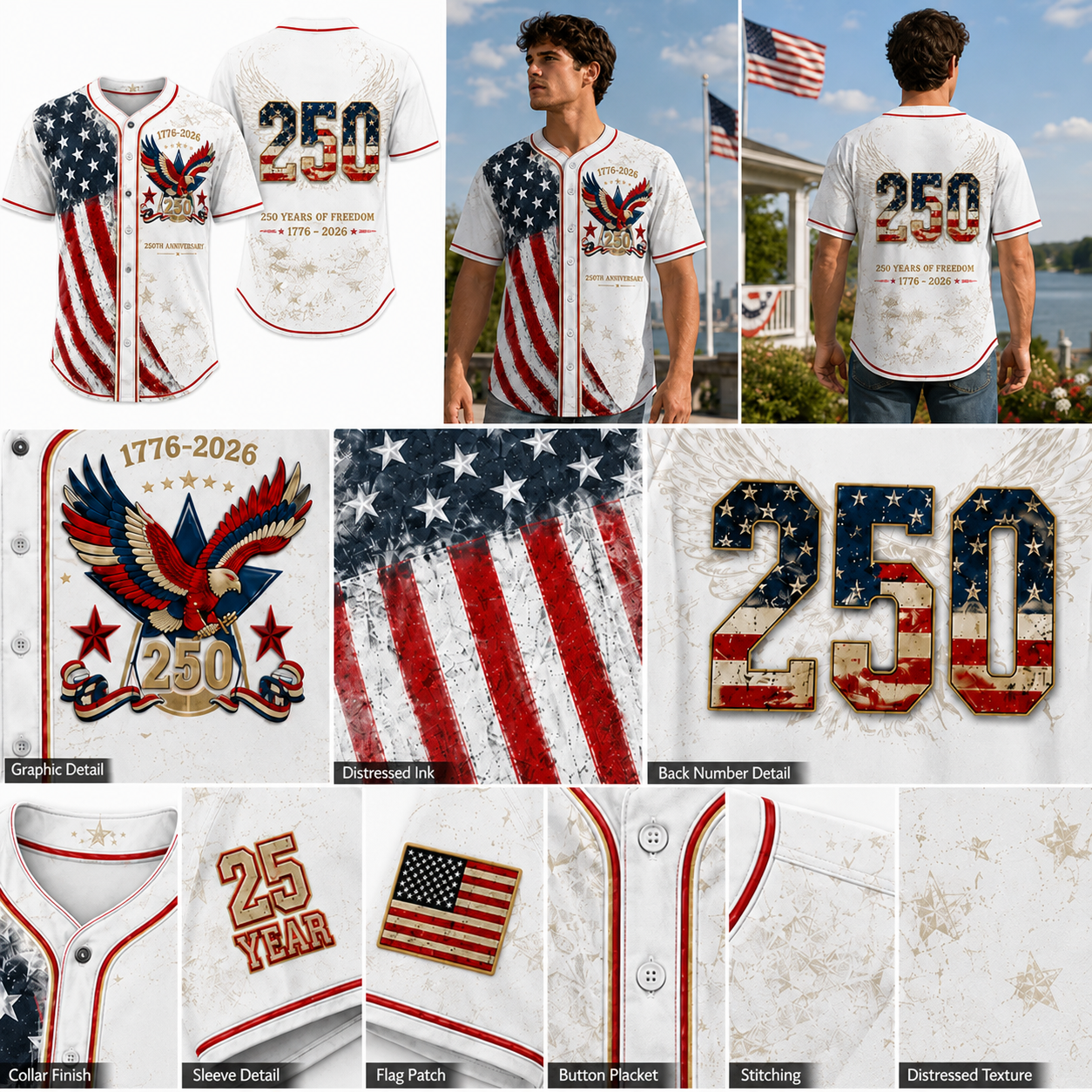 🦅⚾Men's USA 250th Anniversary Baseball Jersey Patriotic American Flag Eagle Button Down Shirt 1776-2026