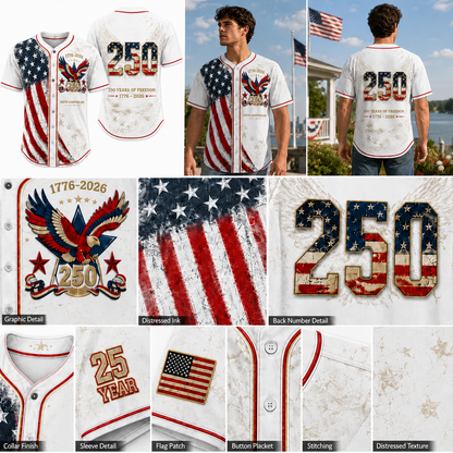 🦅⚾Men's USA 250th Anniversary Baseball Jersey Patriotic American Flag Eagle Button Down Shirt 1776-2026