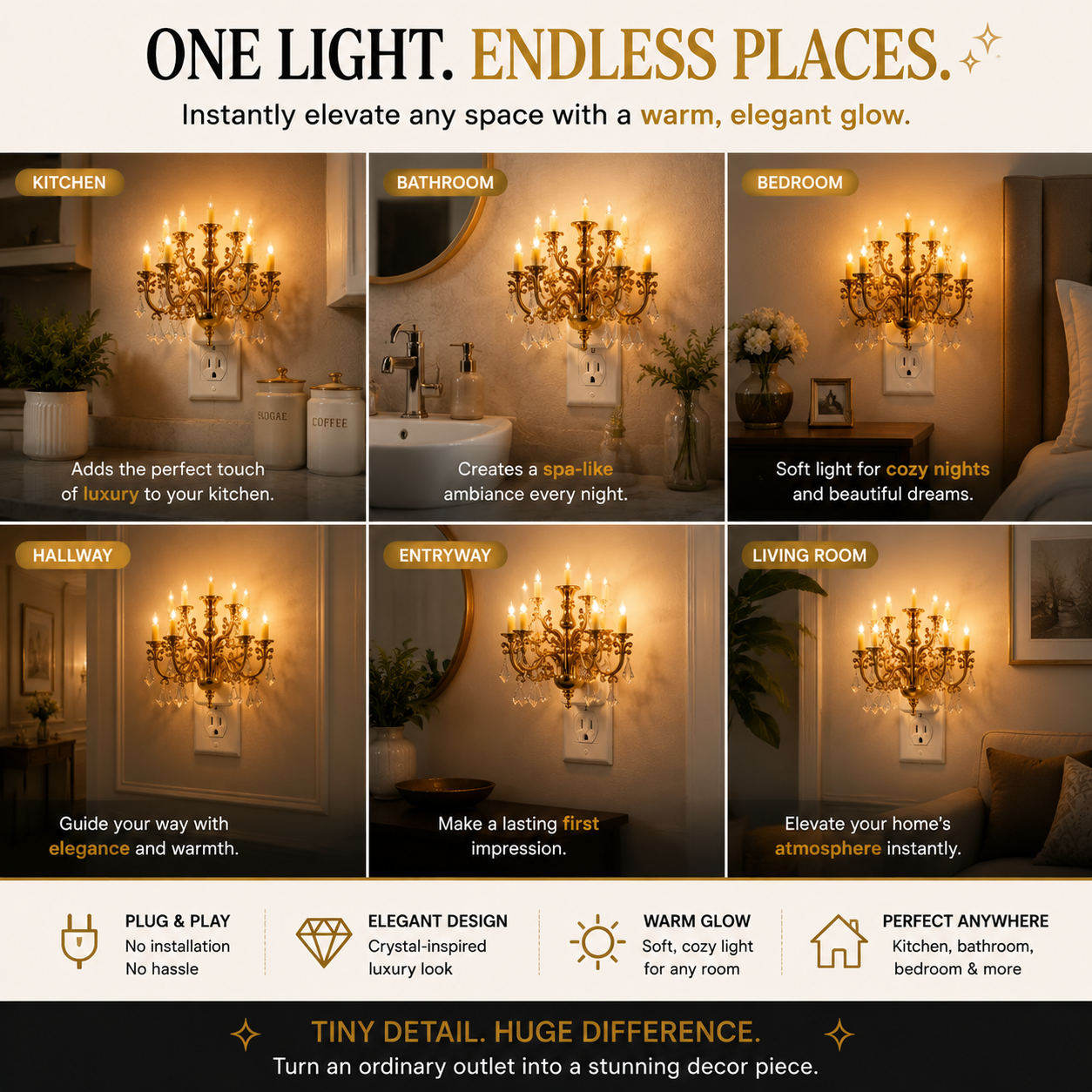 💎 Crystal Chandelier Plug-In Night Light – Instant Luxury Home Decor Outlet Lamp for Kitchen & Bedroom