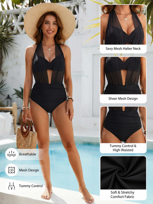 🔥 Summer Best Seller | High Waisted Tummy Control Mesh Bikini Set