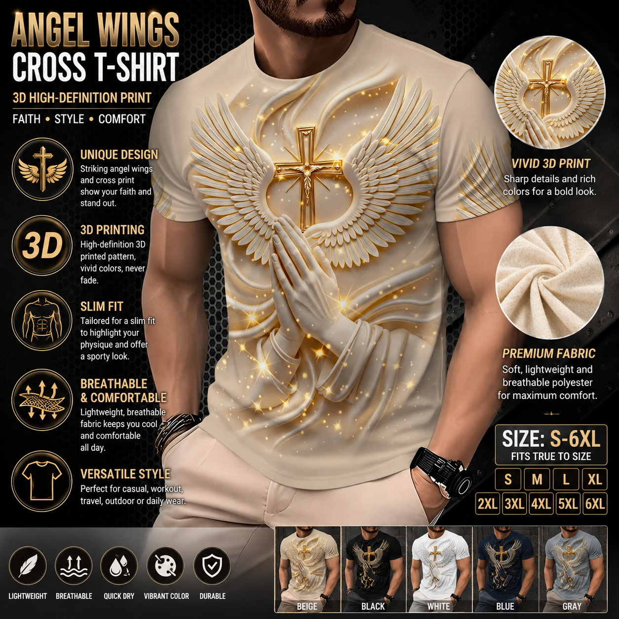 🔥 Hot Sale | Angel Wings Cross 3D Print Slim-Fit T-Shirt