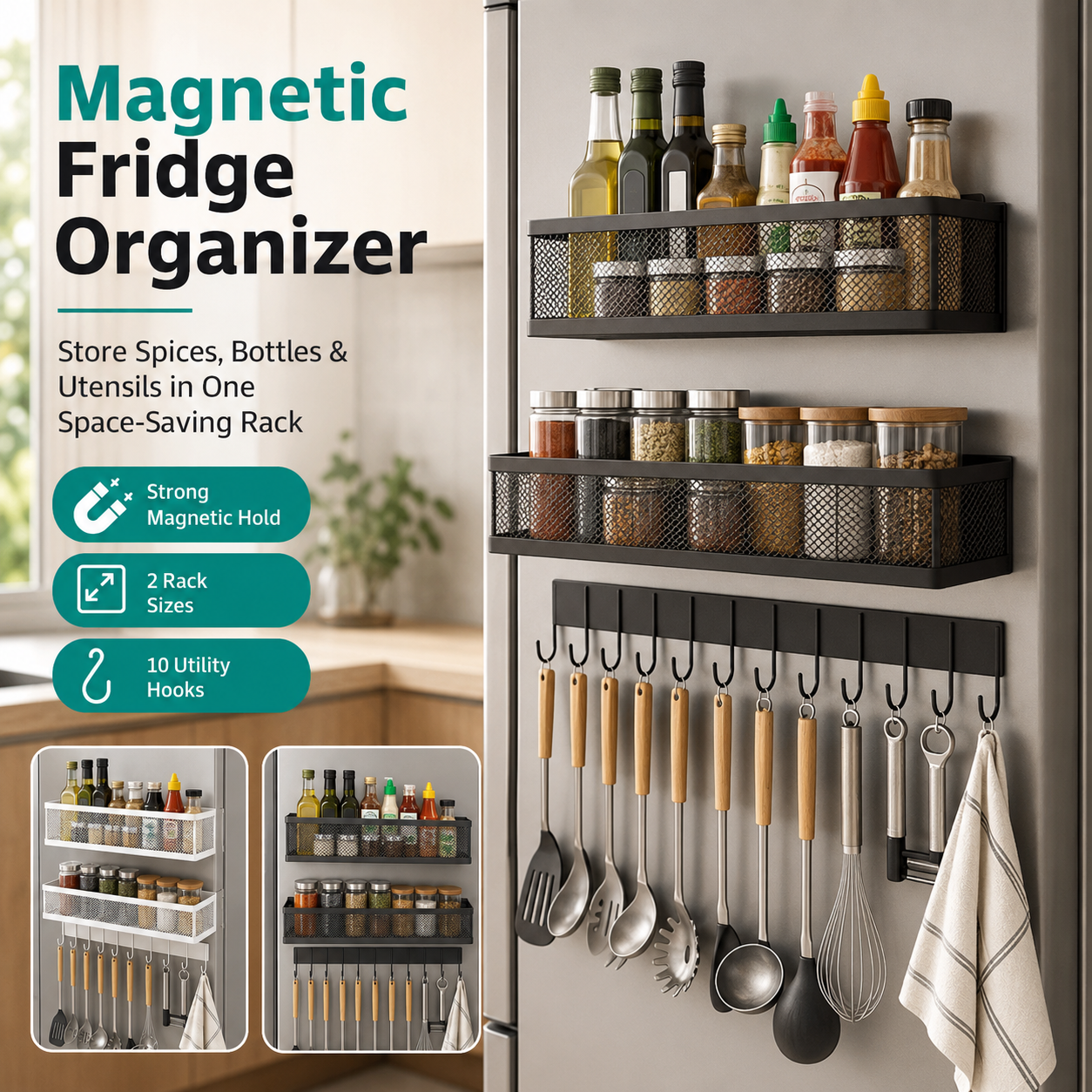 🔥Hot Sale | 2-Pack Magnetic Refrigerator Spice Rack Organizer