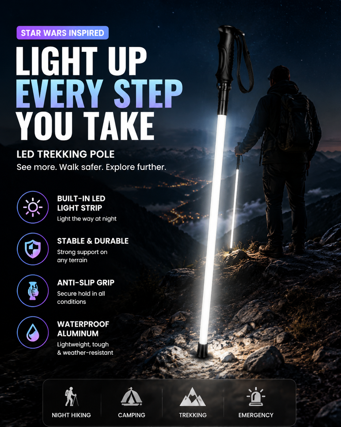 ⚔️ Turn Every Night Hike Into a Sci-Fi Adventure – Glowing LED Trekking Pole for Safe & Stylish Outdoor Exploration