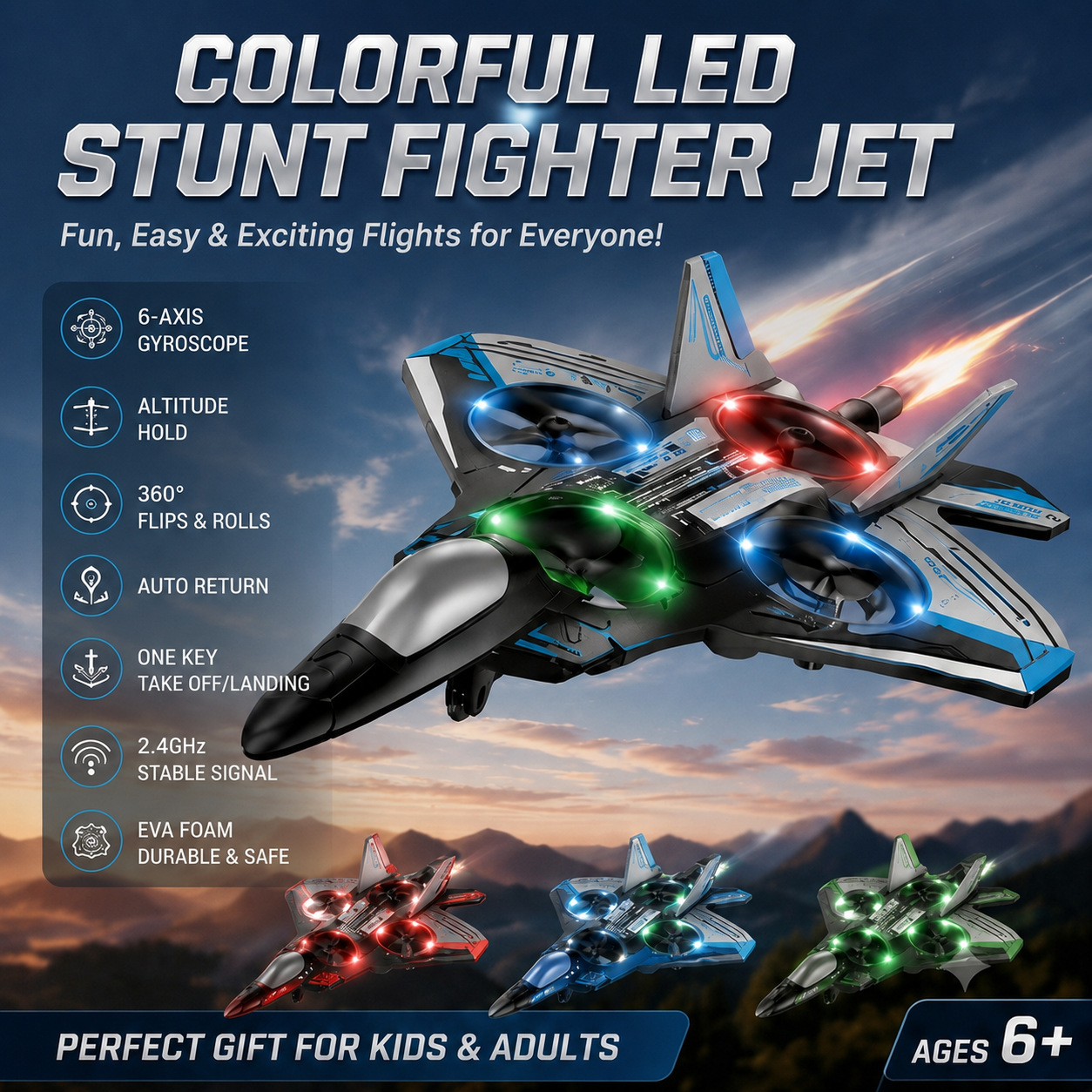 🔥 Hot Sale | Colorful LED Stunt Fighter Jet Drone