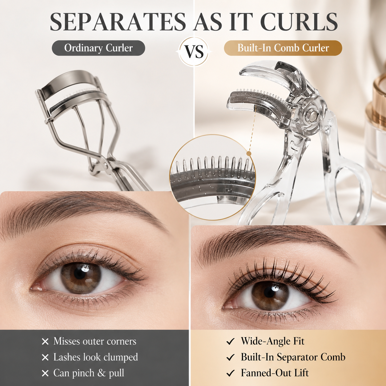 Wide-Angle Eyelash Curler with Built-in Comb