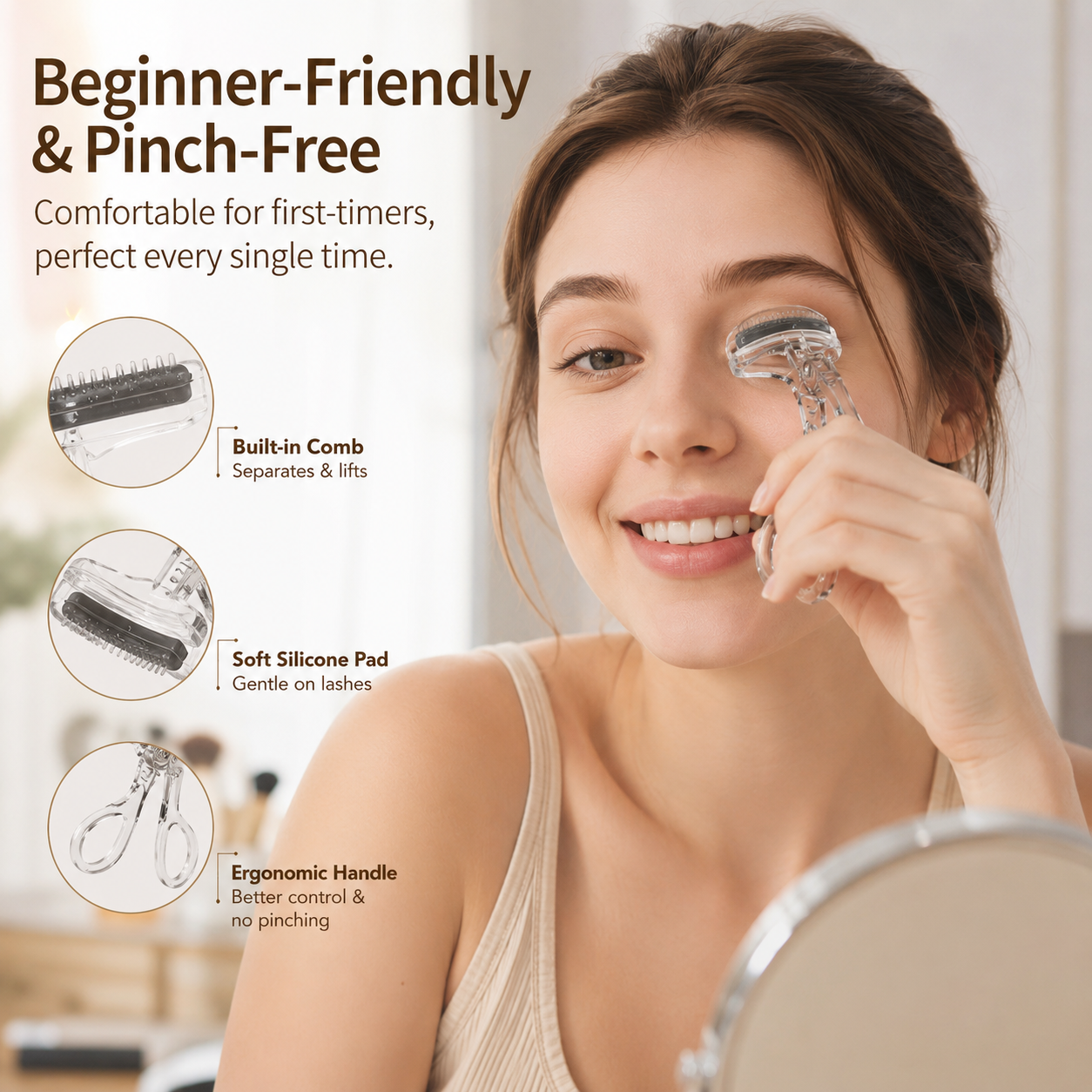 Wide-Angle Eyelash Curler with Built-in Comb