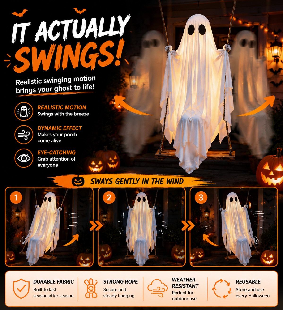 👻 Animated Swinging Ghost Halloween Decoration – Spooky Porch Hanging Ghost For Outdoor Yard Decor