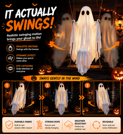 👻 Animated Swinging Ghost Halloween Decoration – Spooky Porch Hanging Ghost For Outdoor Yard Decor