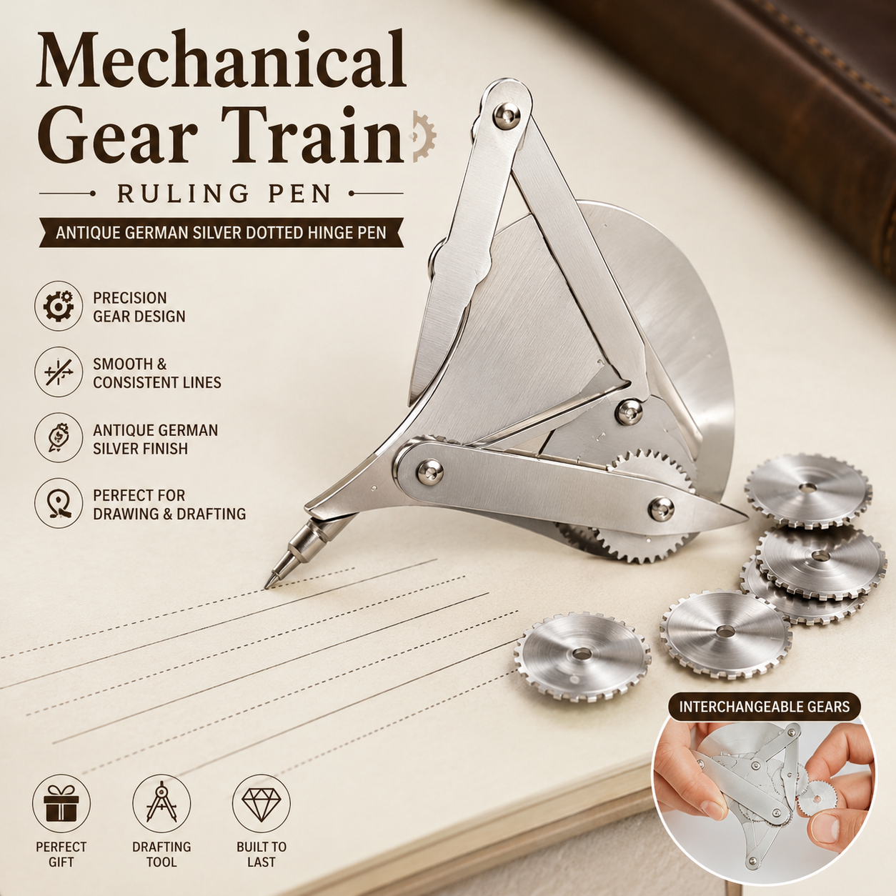 ✒️ Mechanical Gear Train Ruling Pen | Antique German Silver Dotted Hinge Pen