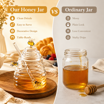 🔥Honey Jar with Dipper,Lid and Bee Decoration Beautiful Honey Shaped Glass Honey Pot
