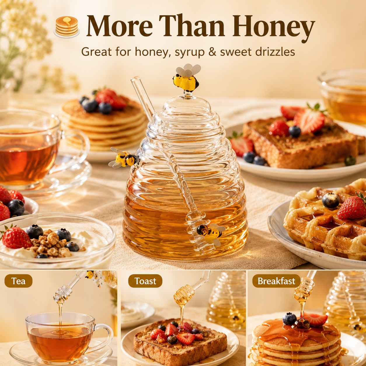 🔥Honey Jar with Dipper,Lid and Bee Decoration Beautiful Honey Shaped Glass Honey Pot