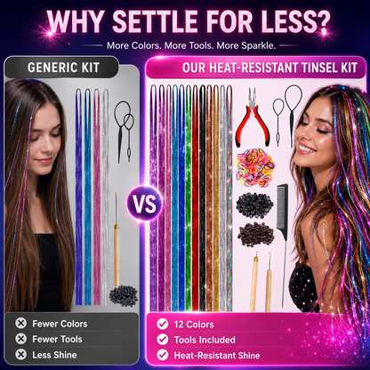 ✨Colorful Heat-Resistant Hair Tinsel Kit with Tools 48 Inches Glitter Tinsel Extensions