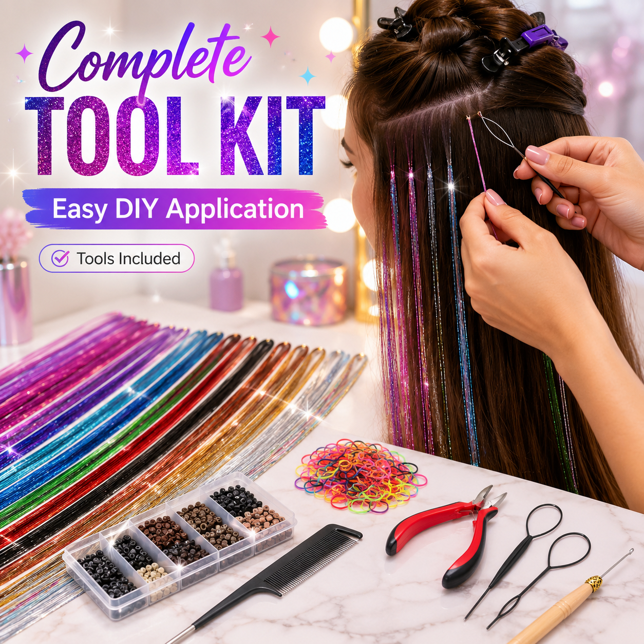 ✨Colorful Heat-Resistant Hair Tinsel Kit with Tools 48 Inches Glitter Tinsel Extensions