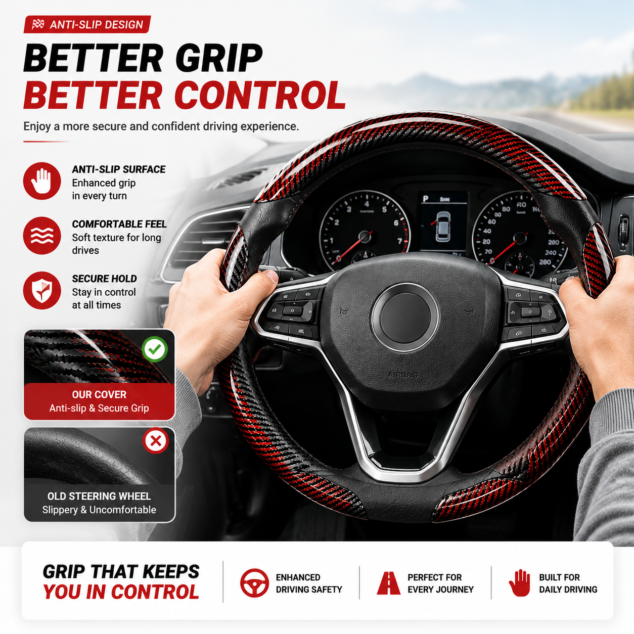 🔥 3-Piece Carbon Fiber Steering Wheel Cover – 15s Racing Style Interior Upgrade & Anti-Slip Grip
