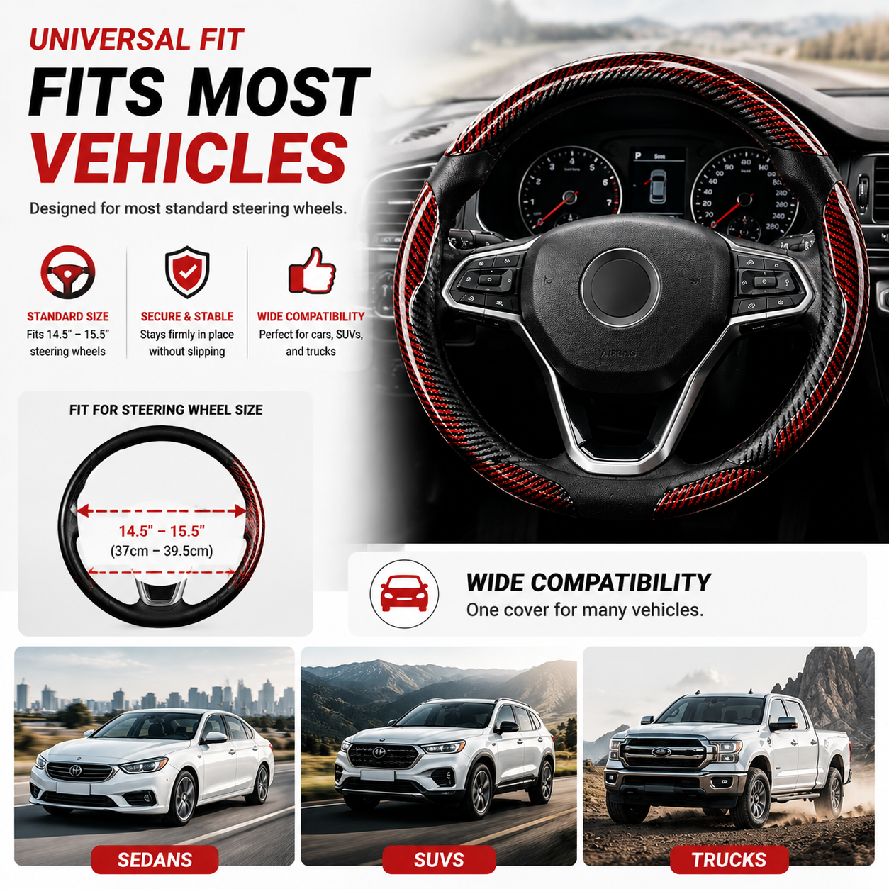 🔥 3-Piece Carbon Fiber Steering Wheel Cover – 15s Racing Style Interior Upgrade & Anti-Slip Grip