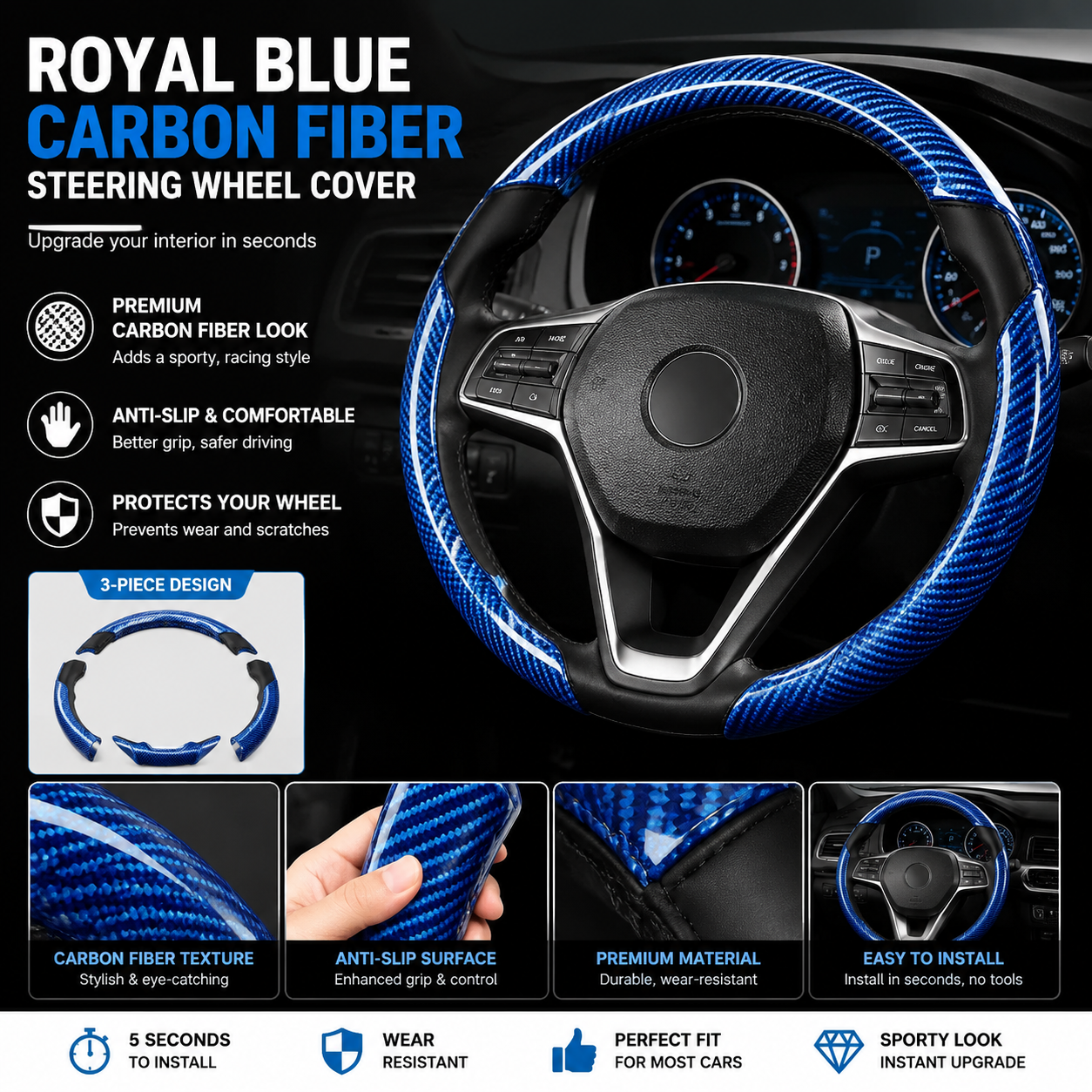 🔥 3-Piece Carbon Fiber Steering Wheel Cover – 15s Racing Style Interior Upgrade & Anti-Slip Grip