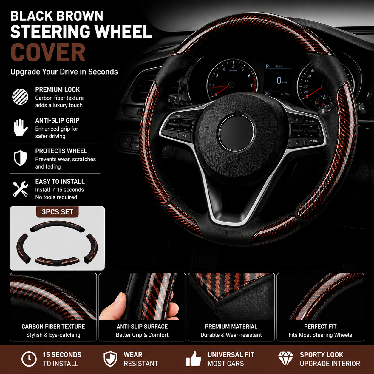 🔥 3-Piece Carbon Fiber Steering Wheel Cover – 15s Racing Style Interior Upgrade & Anti-Slip Grip