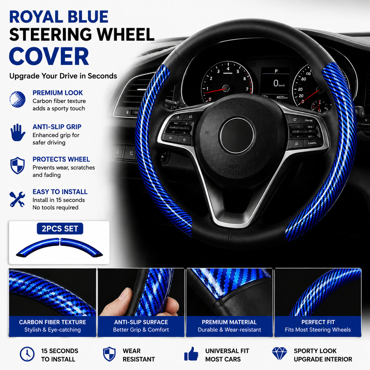 🔥 3-Piece Carbon Fiber Steering Wheel Cover – 15s Racing Style Interior Upgrade & Anti-Slip Grip