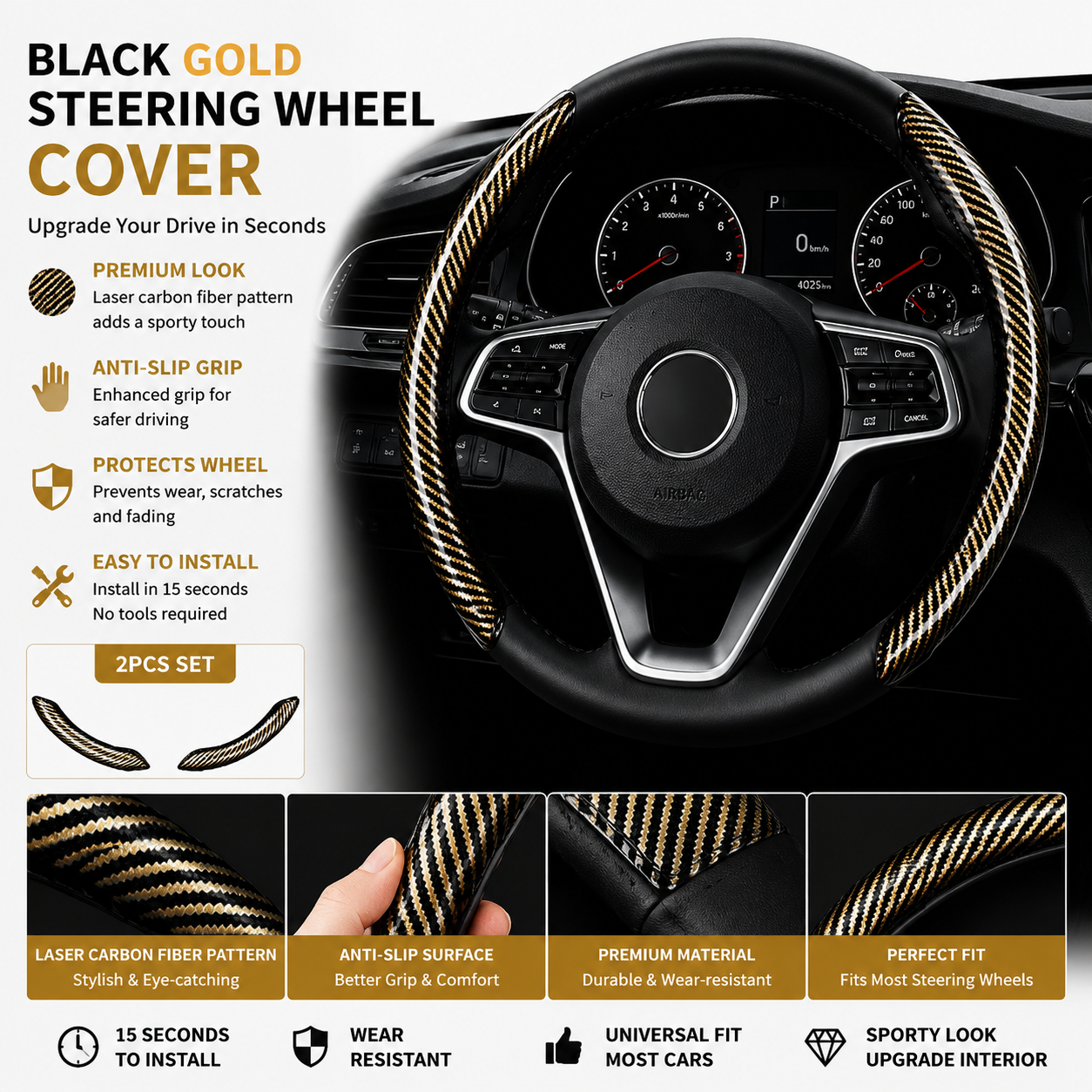 🔥 3-Piece Carbon Fiber Steering Wheel Cover – 15s Racing Style Interior Upgrade & Anti-Slip Grip