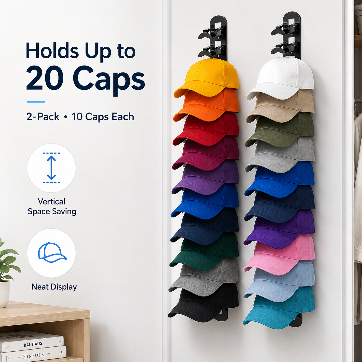 🧢 Vertical Adhesive Wall Hat Rack Organizer (2-Pack)
