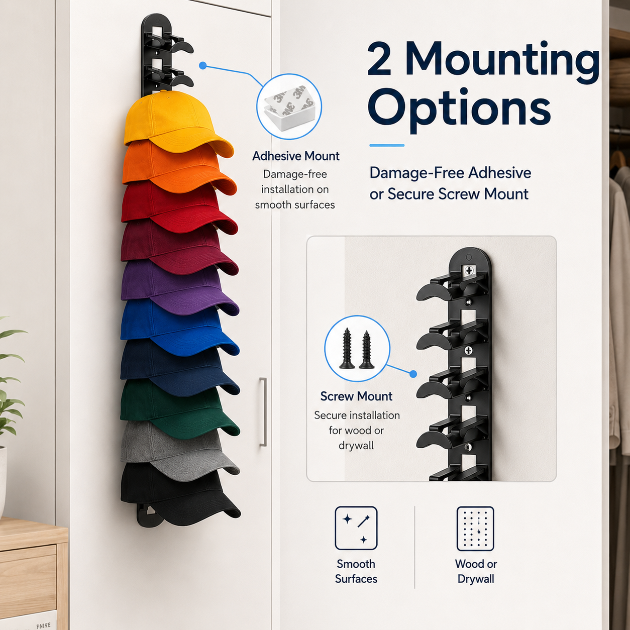 🧢 Vertical Adhesive Wall Hat Rack Organizer (2-Pack)