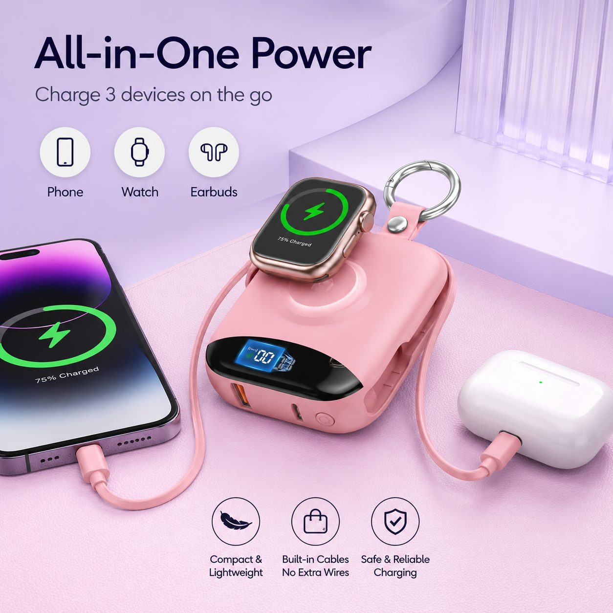 🔥 Hot Sale | 5000mAh Portable Charger Power Bank with Built-in Cables Travel Keychain Battery Pack