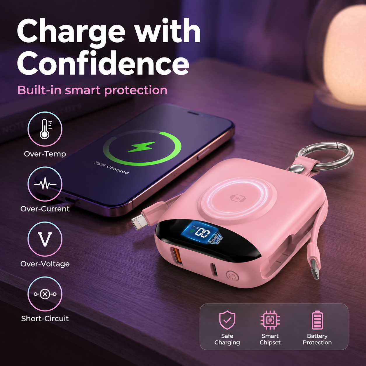 🔥 Hot Sale | 5000mAh Portable Charger Power Bank with Built-in Cables Travel Keychain Battery Pack
