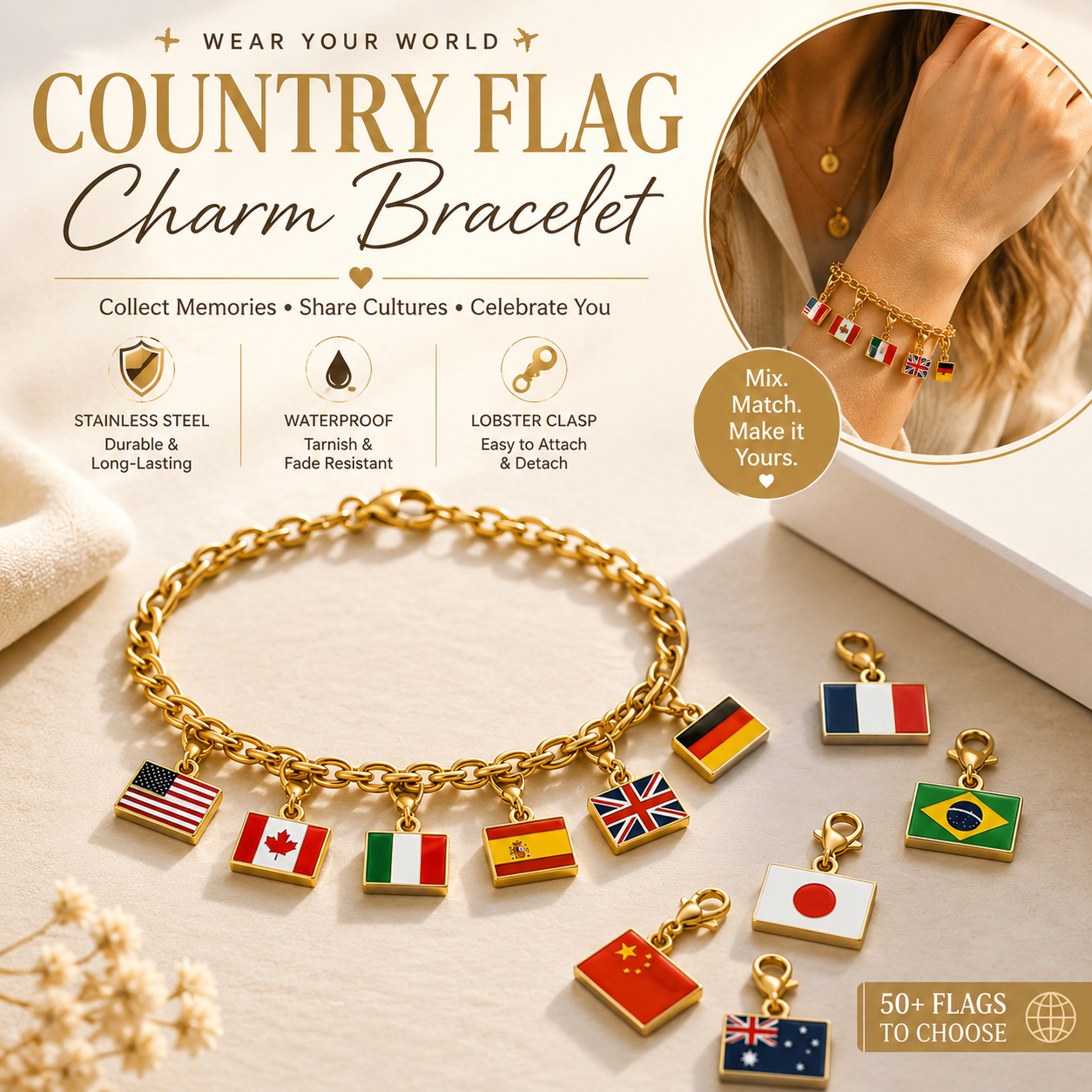 🔥Stainless Steel Country Flag Bracelet Pendant Hand Chain Charm Travel Keyring Ornament
