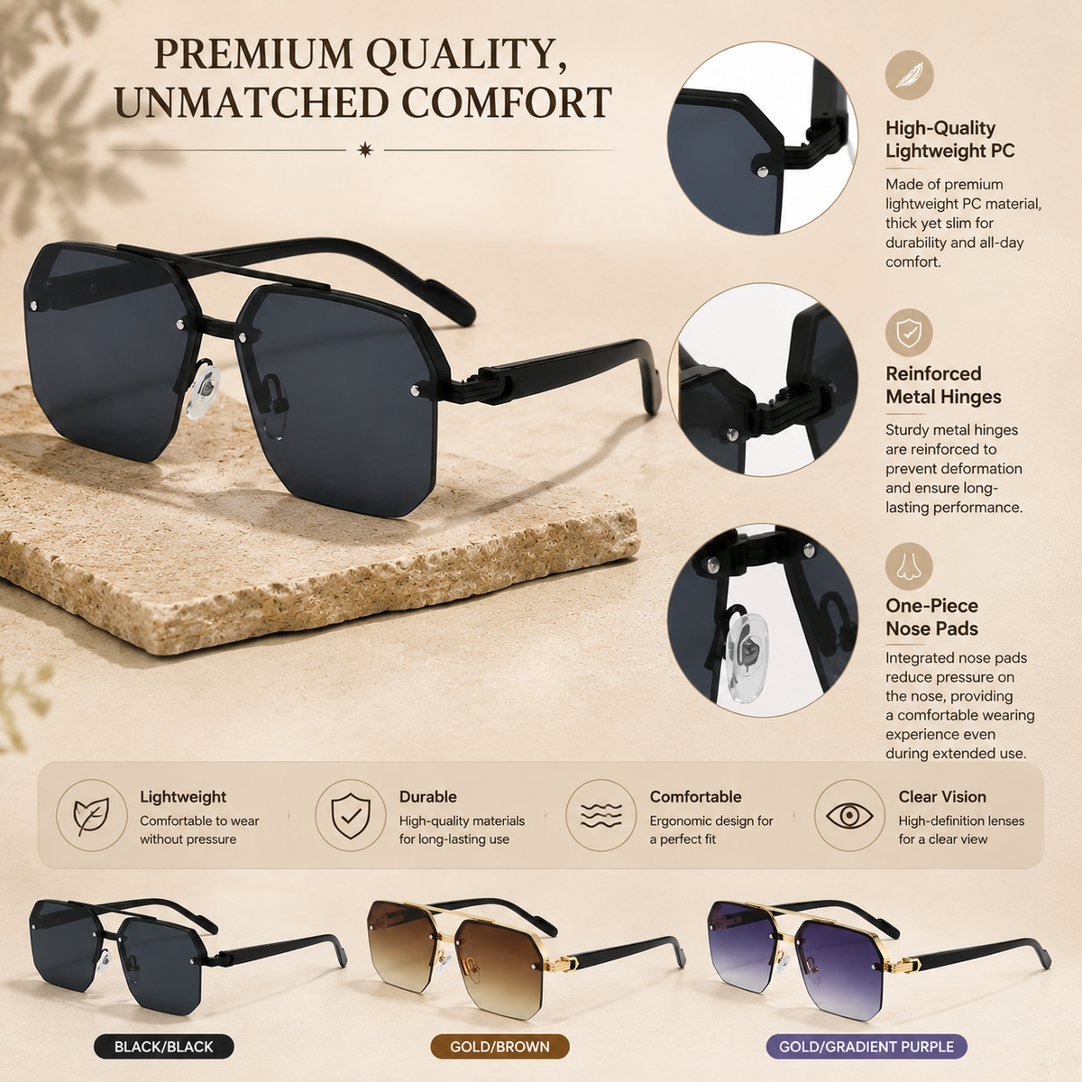 🕶️ Retro Rimless Square Sunglasses – Stylish UV-Protection Fashion Shades